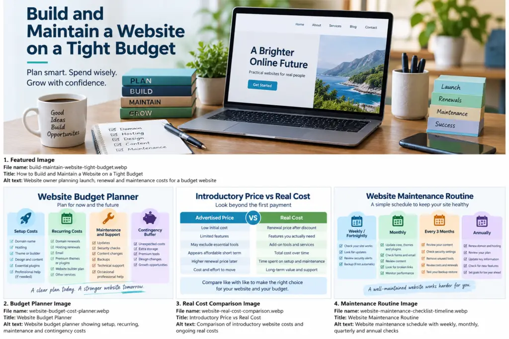 Illustration of a laptop and planning stages for launching, maintaining and growing a budget website