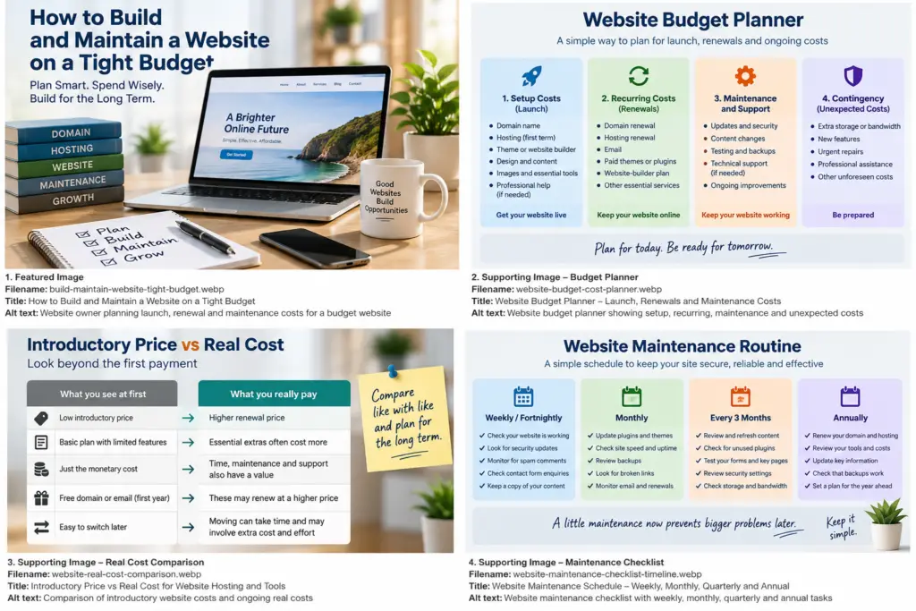 Website budget planner divided into setup costs, recurring costs, maintenance and support, and a contingency buffer