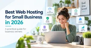 Small business owner comparing web hosting options for performance, security, backups, support and scalability