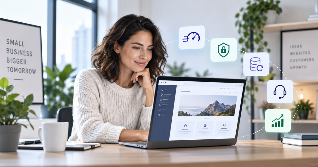 Small business owner comparing web hosting options on a laptop
